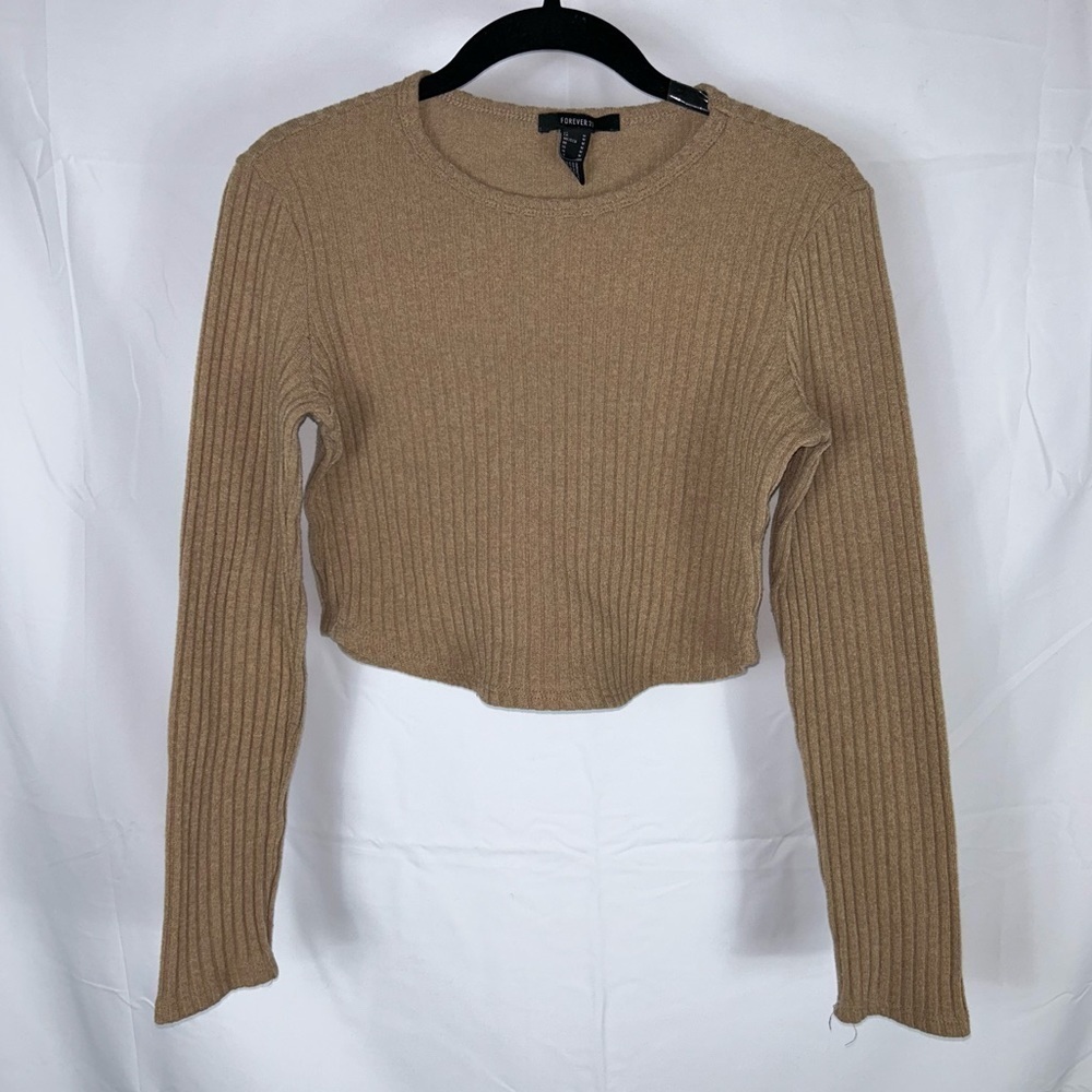 Forever 21 Sweater Cropped Round Hem Knit Ribbed Long Sleeve Crewneck Pullover